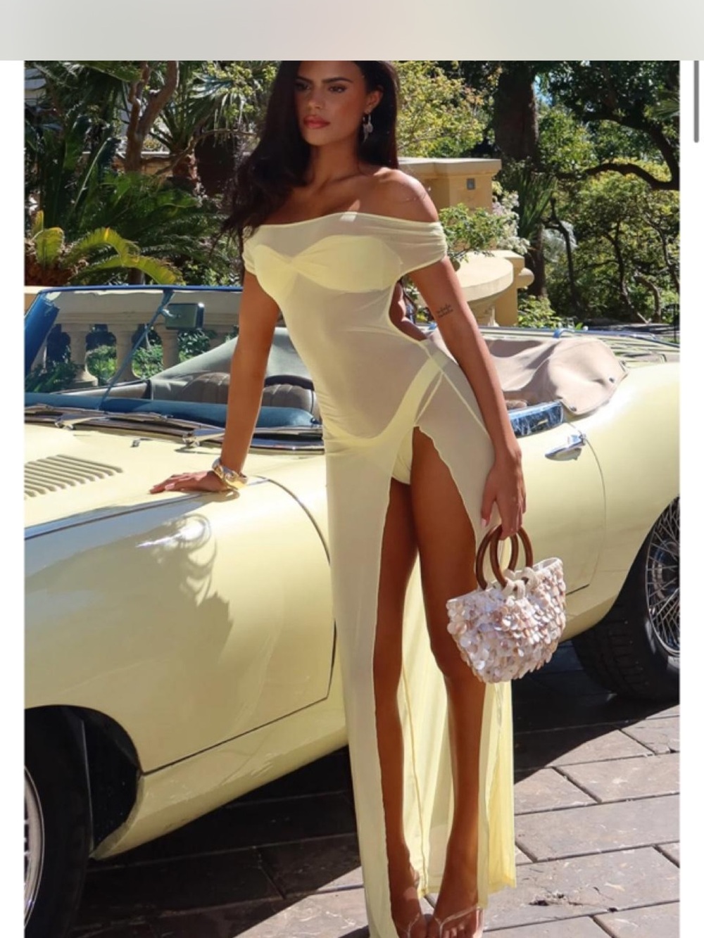 White Fox Boutique Sheer Pale Yellow Off-Shoulder Maxi Dress